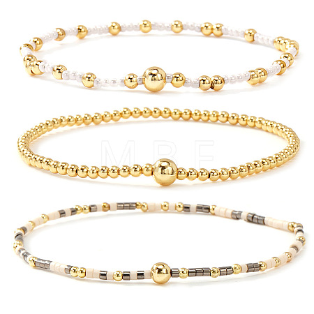 3Pcs 3 Styles Glass Seed Beads & Brass Beads Stretch Bracelets Set for Women VQ8944-7-1