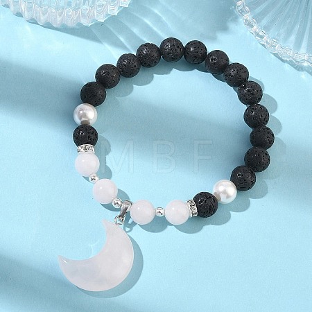 Natural Madagascar Rose Quartz & Lava Rock & Shell Pearl Charm Bracelets BJEW-JB13707-02-1