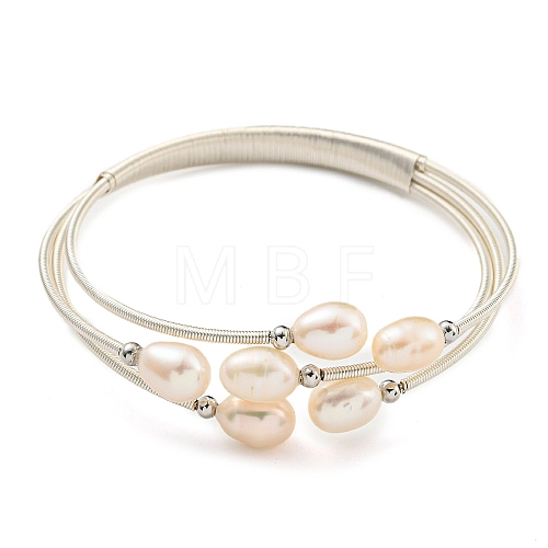 Three-Loops Brass & Natural Freshwater Pearl Beaded Wrap Bracelets for Women BJEW-F470-04S-01-1