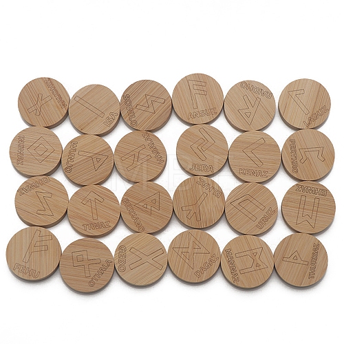 Wood Round Elder Futhark Alphabet Engraved Symbol Rune Stones Sets PW-WG106ED-01-1