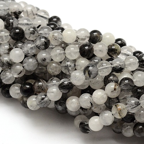 Natural Gemstone Black Rutilated Quartz Round Beads Strands G-E251-30-8mm-1