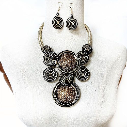 Flat Round Alloy with Aluminum Wire Wrapped Resin Pendant Necklaces & Dangle Earrings Sets FS-WGE4BA0-03-1