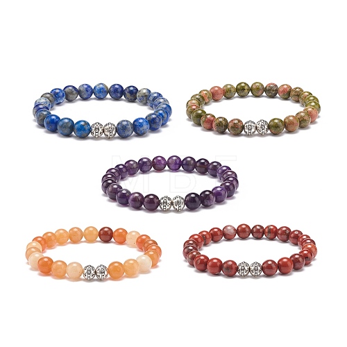 Natural Gemstone & Alloy Beaded Stretch Bracelet for Men Women BJEW-JB08578-1