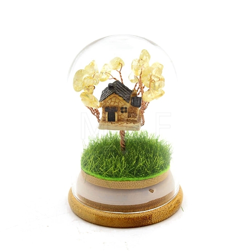 Natural Citrine Chips Tree and Mini House in Dome Glass Bell Jars with Wood Base Display Decorations PW-WG927DE-07-1