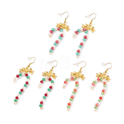 3 Pairs 3 Style Glass Christmas Candy Cane with Alloy Bowknot Dangle Earrings EJEW-JE04971-1