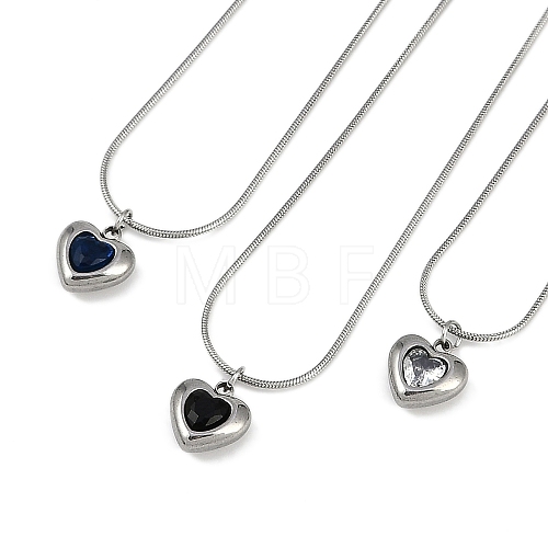 304 Stainless Steel Cubic Zirconia Heart Pendant Round Snake Chain Necklaces for Women NJEW-Z044-08P-1