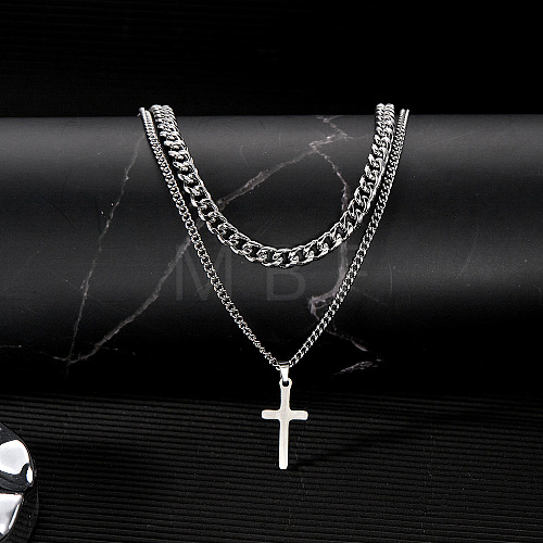 Stainless Steel Cross Pendant Double Layer Necklaces PW-WG88E37-01-1