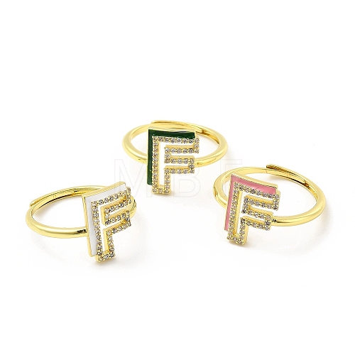 Mixed Color Enamel Initial Letter Adjustable Ring with Clear Cubic Zirconia RJEW-P045-01G-F-1