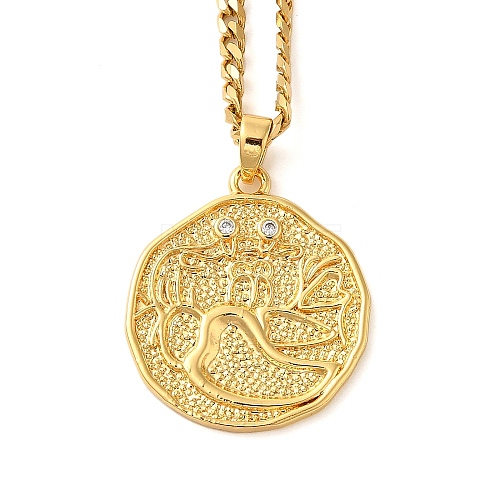 Brass Clear Cubic Zirconia Curb Chain Constellation Pendant Medal Necklaces for Women NJEW-U010-01G-12-1