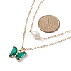 Glass Butterfly & Natural Pearl Pendants Double Layer Necklace with Clear Cubic Zirconia NJEW-TA00043-02-5