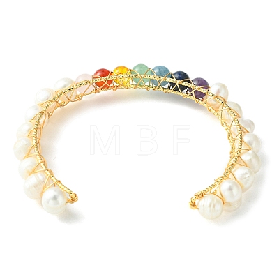 Natural Pearl Bead & Mixed Gemstone Beads Cuff Bangles for Women Girl Gift BJEW-JB06826-03-1