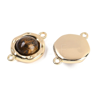 Brass Pave Natural Tiger Eye Flat Round Links Connector Charms KK-U043-45G-C-1