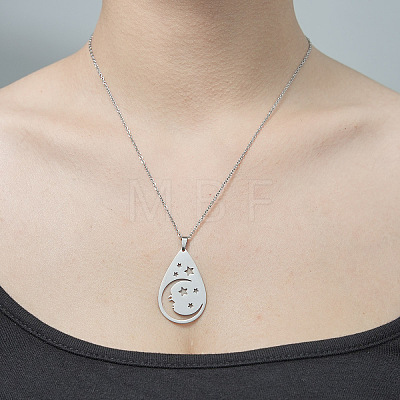 201 Stainless Steel Hollow Teardrop with Star Pendant Necklace NJEW-OY001-73-1