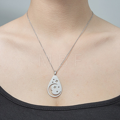 Non-Tarnish 201 Stainless Steel Hollow Teardrop with Star Pendant Necklace NJEW-OY001-73-1