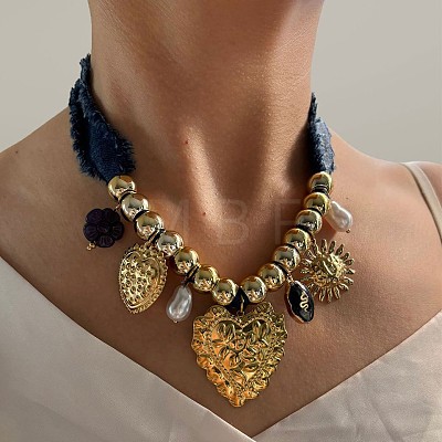 316L Surgical Stainless Steel & Resin & Plastic Pearl Heart Pendant Denim Cloth Bib Necklaces for Women WGD44EE-01-1