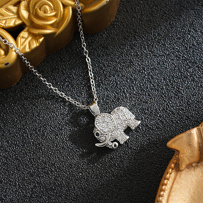 Brass Micro Pave Clear Cubic Zirconia Elephant Pendant 201 Stainless Steel Cable Chain Necklaces for Women WGE2C96-02-1