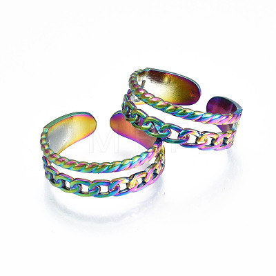 Rainbow Color 304 Stainless Steel Curb Chain Shape Cuff Ring RJEW-N038-037M-1