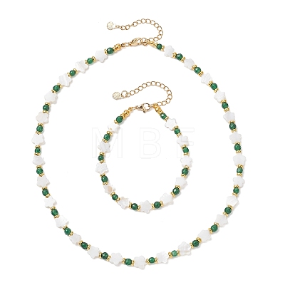Flower Natural Freshwater Shell & Round Dyed Natural White Jade Beaded Bracelets & Necklaces Sets SJEW-JS01370-1