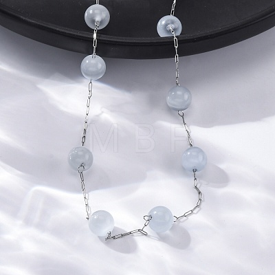 304 Stainless Steel Cat Eye Round Beads Handmade Chain Necklaces for Women NJEW-C073-01P-06-1