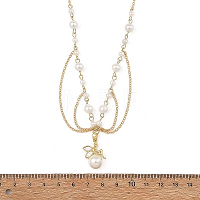 Natural Shell Brass Fairy Pendant Brass & White Round Shell Pearl Beaded Chain Necklaces for Women NJEW-JN06405-1