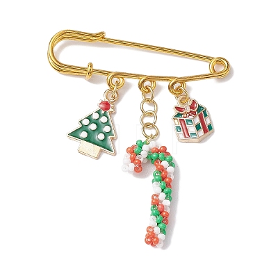 Candy Cane & Christmas Tree & Gift Glass Seed Beads & Alloy Enamel Pendant Kilt Pins JEWB-MZ00003-1