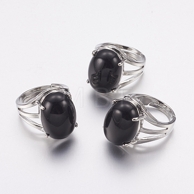 Natural Black Agate Wide Band Finger Rings RJEW-K224-A06-1