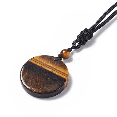 Natural Tiger Eye Flat Round with Flower of Life Pendant Necklace with Nylon Cord for Women NJEW-P274-02-01-1