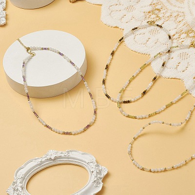 Natual Gemstone & Rainbow Moonstone Beaded Necklace for Women NJEW-JN04173-1