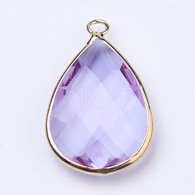 Golden Tone Brass Glass Teardrop Pendants X-GLAA-M006-A-14G-1