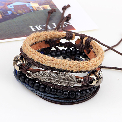 Adjustable Leaf Alloy Braided Leather Cord Wooden Beaded Multi-strand Bracelets BJEW-P0001-20-1