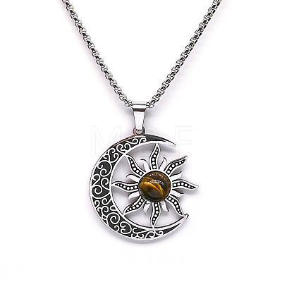 Gothic Moon Sun 201 Stainless Steel Pave Natural Tiger Eye Pendant Necklaces for Women FS-WG56BEB-01-1