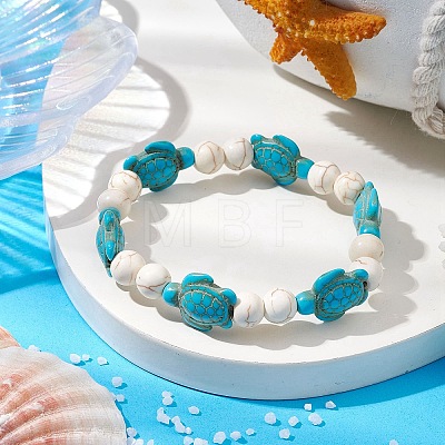 Round & Turtle Dyed Synthetic Turquoise & Magnesite Beaded Stretch Bracelets for Women BJEW-JB10936-01-1