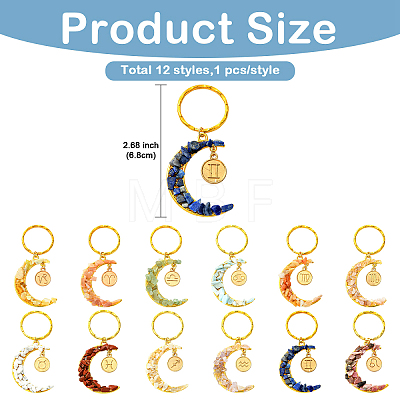 12Pcs Natural & Synthetic Gemstone Moon Keychains KEYC-YW00237-1