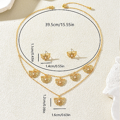 Brass Micro Pave Clear Cubic Zirconia Hollow Fan Double Layer Pendant Necklace & Stud Earrings Set for Women KI7440-1