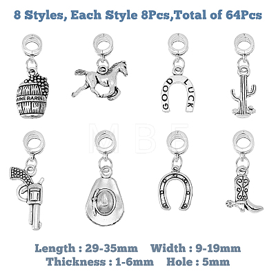 64Pcs 8 Style Cowboy Theme Tibetan Style Alloy European Dangle Charms FIND-FH0006-43-1