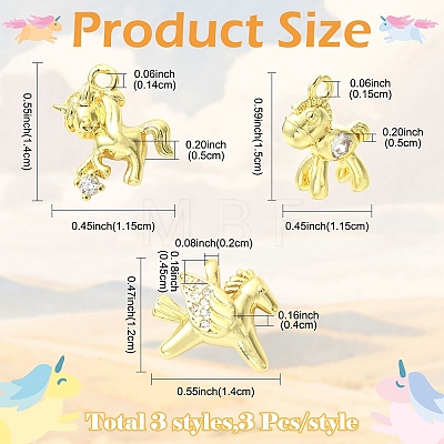 9Pcs 3 Styles Brass Micro Pave Clear Cubic Zirconia Charms KK-YW0004-65-1