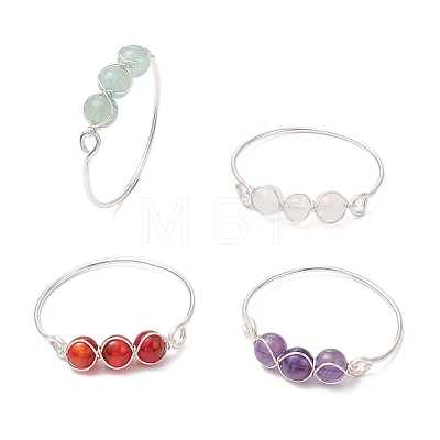 Copper Wire Wrapped Round Natural Amethyst & Rose Quartz & Green Aventurine & Carnelian Bead Rings for Women RJEW-JR00852-01-1