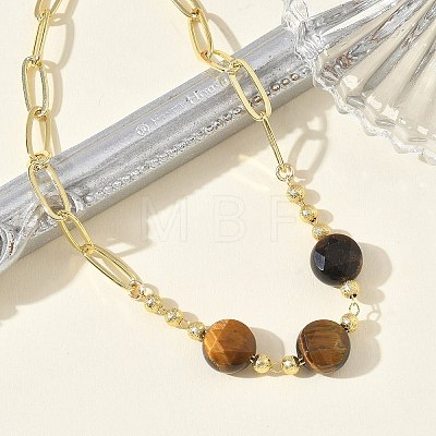 Natural Tiger Eye Faceted Flat Round Beaded Brass Paperclip Chain Bracelets GG-CBA37F5-02G-08-1