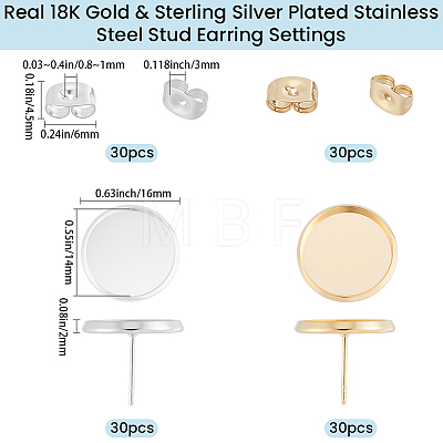 60Pcs 2 Colors 304 Stainless Steel Stud Earring Settings STAS-BBC0009-85-1