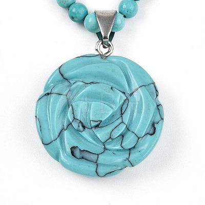 Synthetic Turquoise 4.5mm Round Beaded Flower Pendant Necklaces NJEW-T016-04G-1