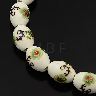 Handmade Flower Printed Porcelain Oval Beads Strands PORC-L005-B-M-1