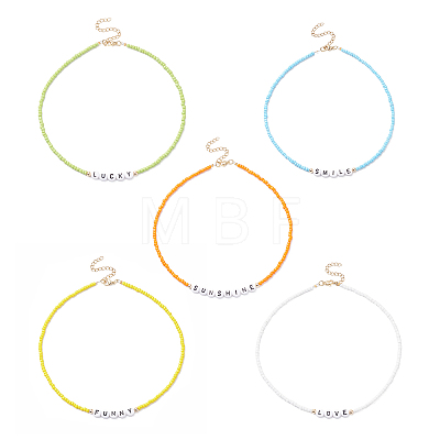 5Pcs 5 Style Glass & Plastic Word Beaded Necklaces Set NJEW-JN04316-1