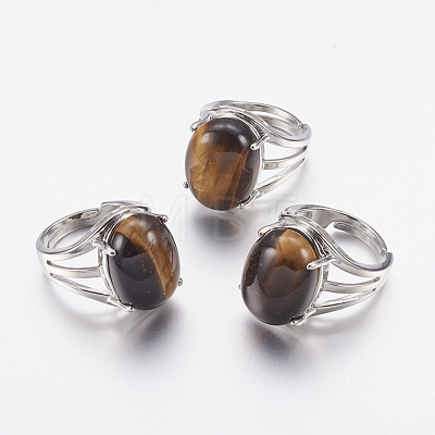 Natural Tiger Eye Wide Band Finger Rings X-RJEW-K224-A18-1