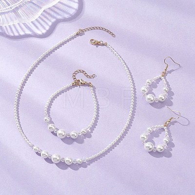 Round Natural Cultured Freshwater Pearl & Glass Beaded Bracelets & Necklaces & Dangle Earrings Sets SJEW-JS01366-1