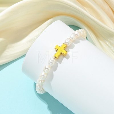 Natural Cultured Freshwater Pearl & Alloy Beads Stretch Bracelets for Women BJEW-JB14103-01-1