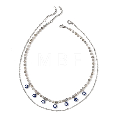 Alloy Enamel Blye Evil Eye Pendant Faceted Round Natural Labradorite Beaded 304 Stainless Steel Satellite Chain Double Layer Necklaces NJEW-JN06542-1