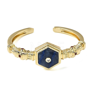 Hexagon Brass Pave Natural Gemstone & Cubic Zirconia Cuff Bangles for Women BJEW-Z172-01G-1