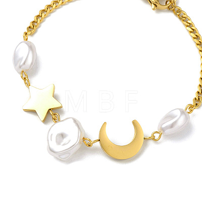 Natural Shell Moon & Star Link Bracelet BJEW-M292-02G-1
