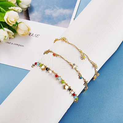 3Pcs 3 Styles Brass Enamel Charm Anklets AJEW-SZ0001-55-1