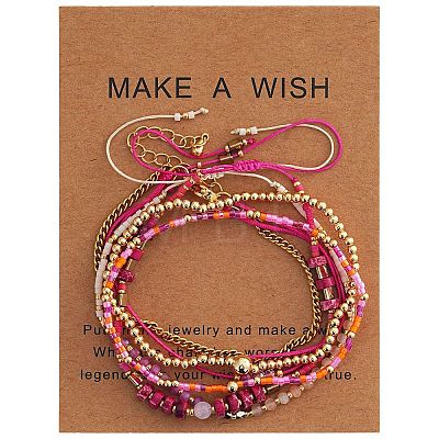 5Pcs Adjustable Nylon Round Gemstone Bead Braided Bracelet Sets NO9066-3-1